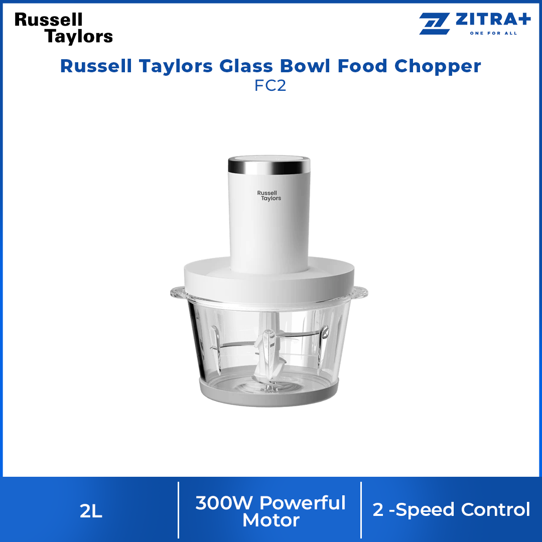 Russell Taylors 2L Glass Bowl Food Chopper FC2 | 2 Layers 304 Stainless Steel Blades | 2L Glass Chopper Bowl | 300W Powerful Motor | 2 -Speed Control