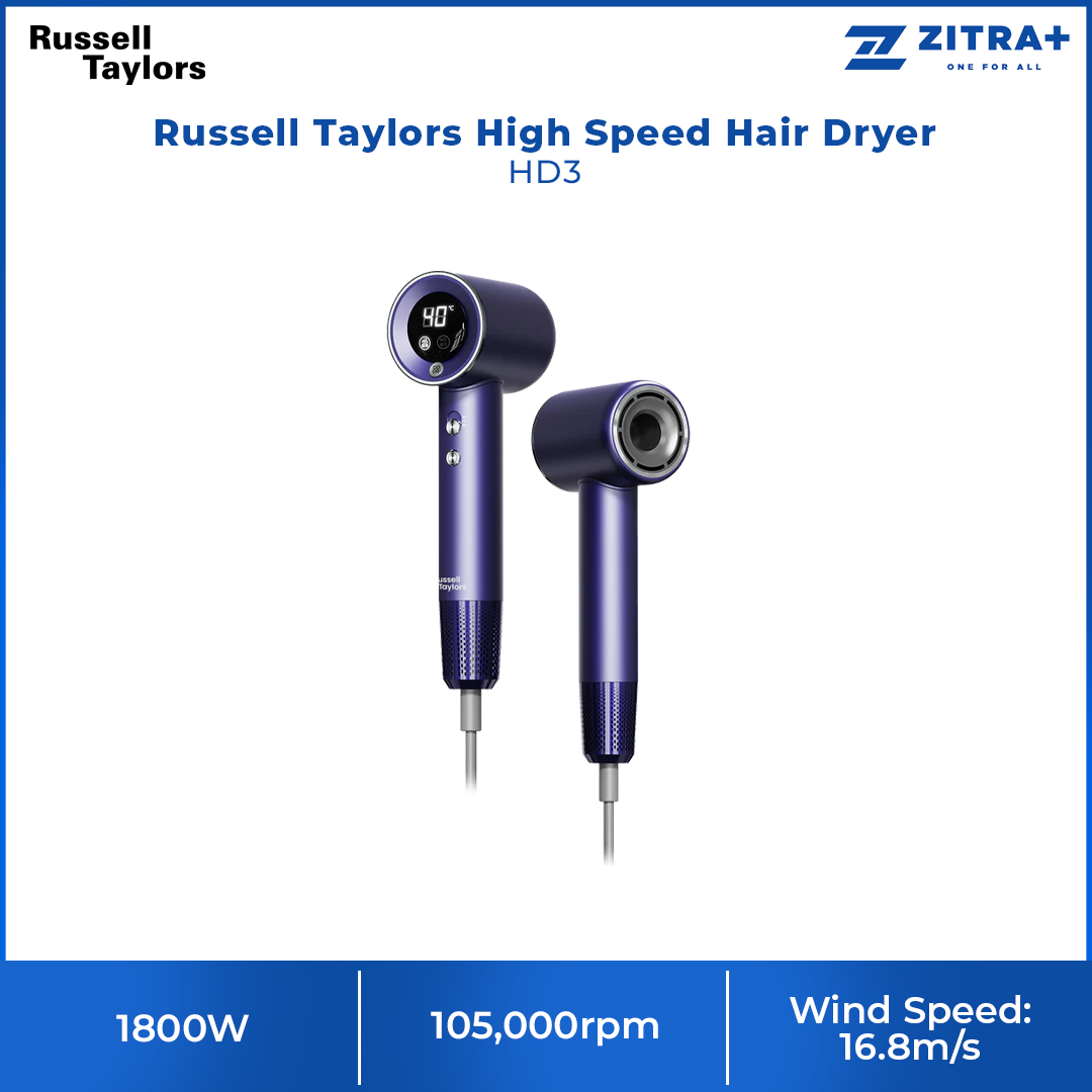 Russell Taylors 1800W High Speed Hair Dryer HD3 | 105,000 RPM | Dual Magnetic Attachment | 4 Temperature Settings | Wind Speed: 16.8m/s