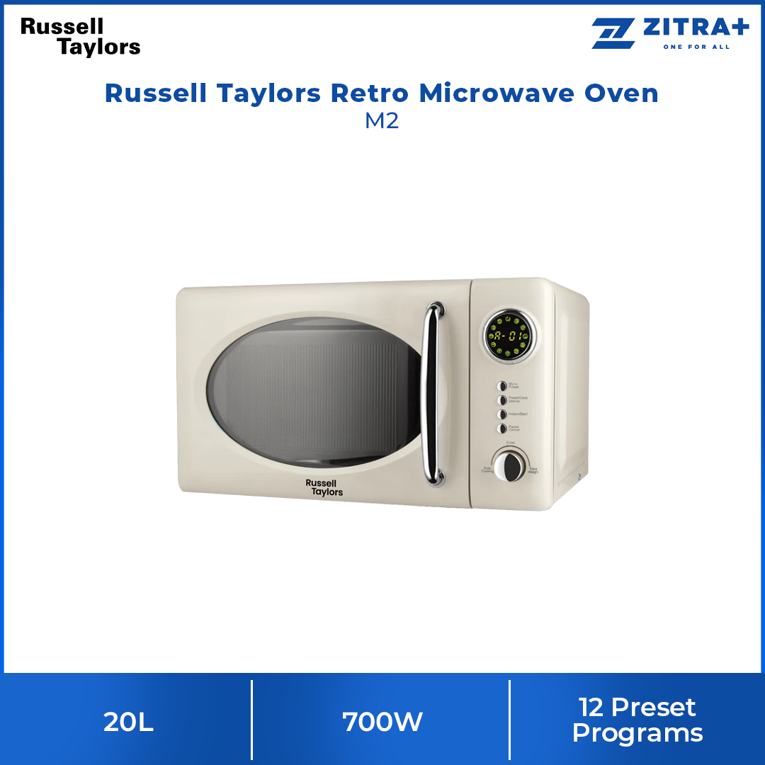 Russell Taylors 20L Retro Microwave Oven M2 | 12 Preset Programs | Quick Defrosting | Adjustable Power & Timer