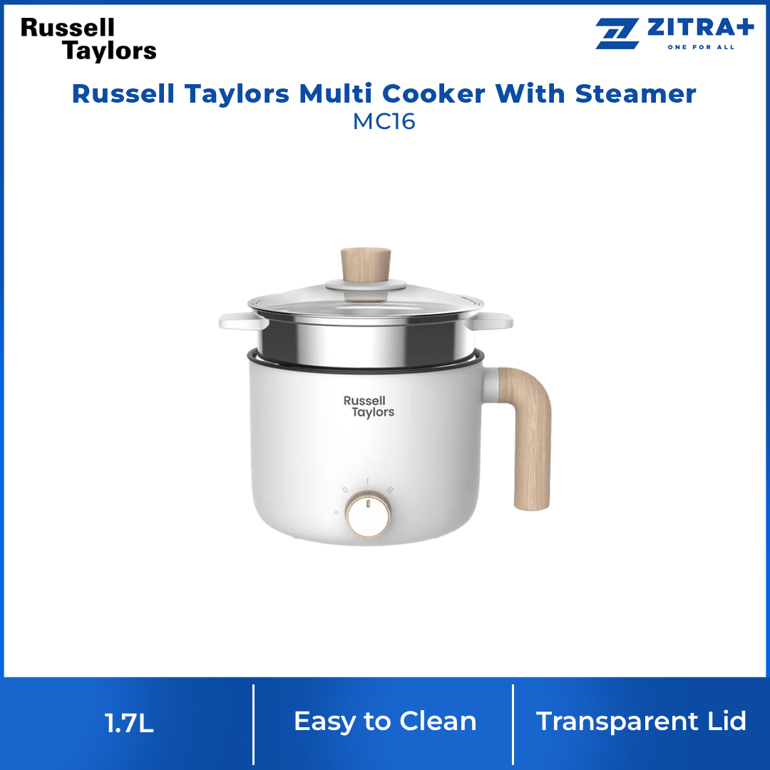 Russell Taylors 1.7L Multi Cooker With Steamer MC16 | 600W | Compact Cooking Delight | Cooks & Steam Simultaneously