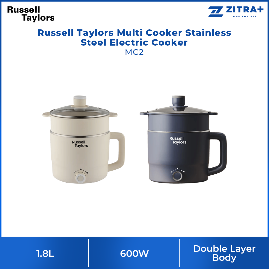 Russell Taylors 1.8L Multi Cooker Stainless Steel Electric Cooker MC2 | Power: 600W | Stainless Steel Inner Pot | All-In-One Multi Cooker | Cooks & Steam Simultaneously