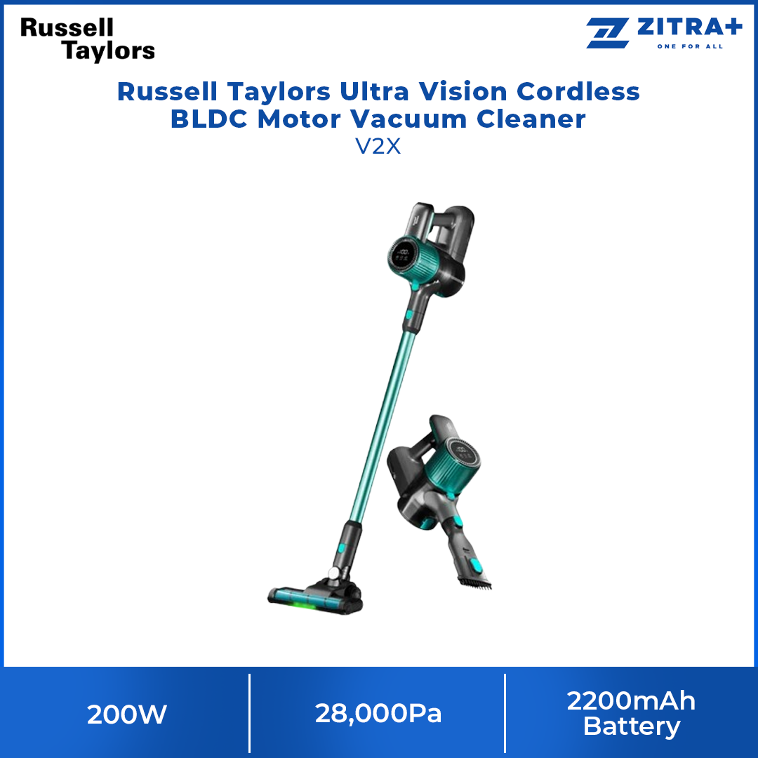 Russell Taylors 200W Ultra Vision Cordless BLDC Motor Vacuum Cleaner V2X | Suction Power: 28,000Pa | Long-Lasting 2200mAh Battery