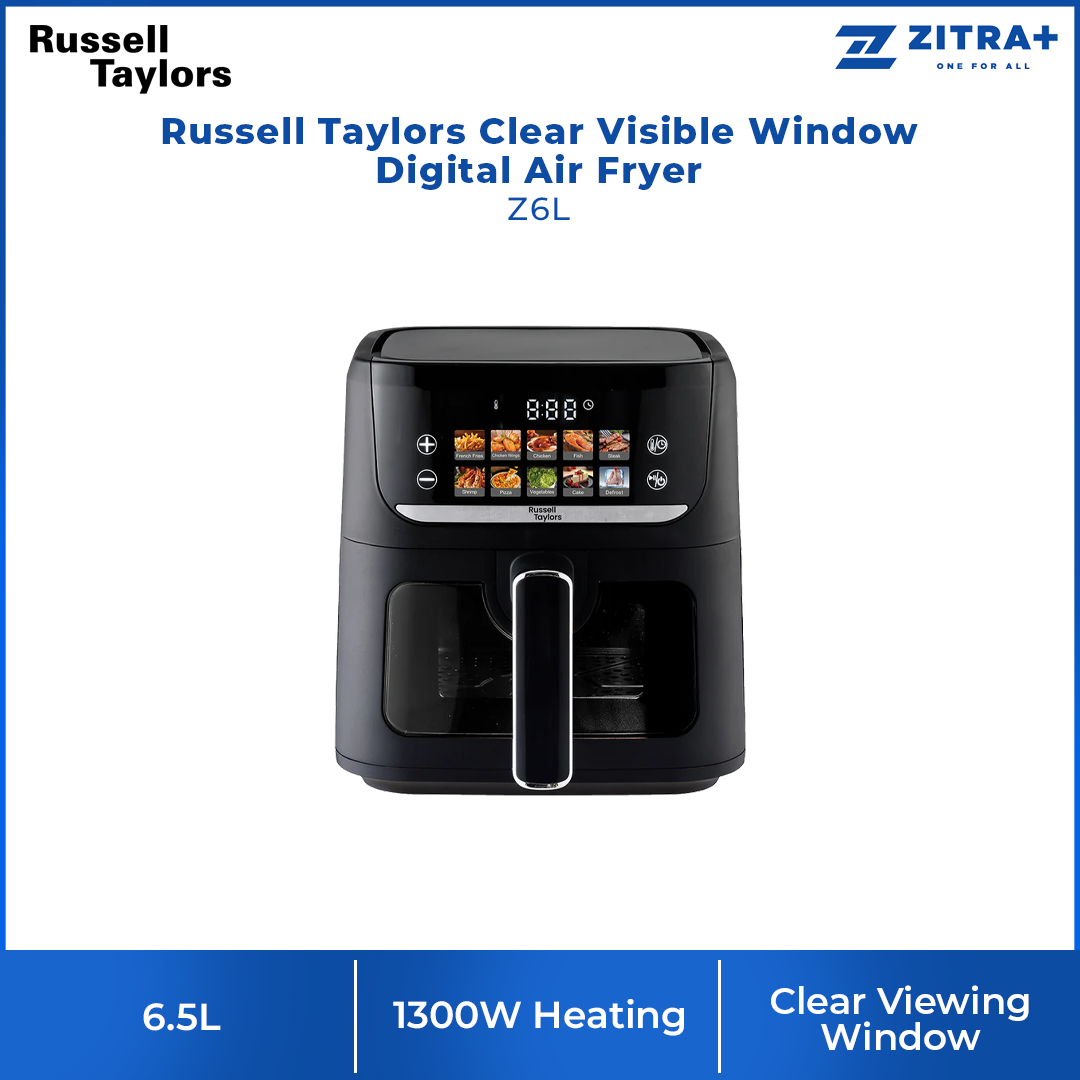 Russell Taylors 6.5L Clear Visible Window Digital Air Fryer Z6L | Smart Control Panel | Non-Stick Pan & Removable Tray