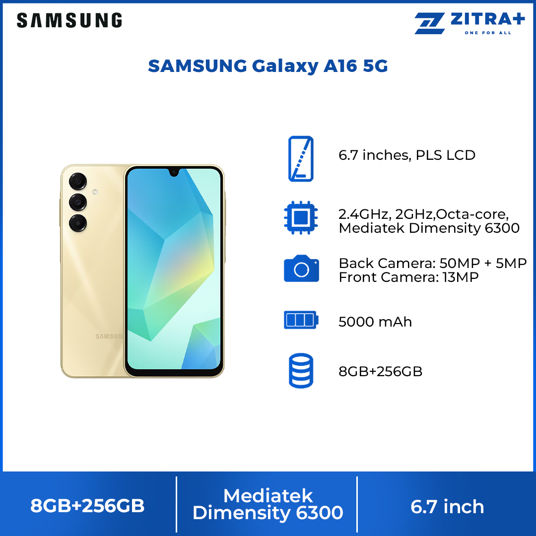 SAMSUNG Galaxy A16 5G 8GB+256GB | Android 14, One UI Core 6.1 | Octa-core, Mediatek Dimensity 6300 | 5000 mAh