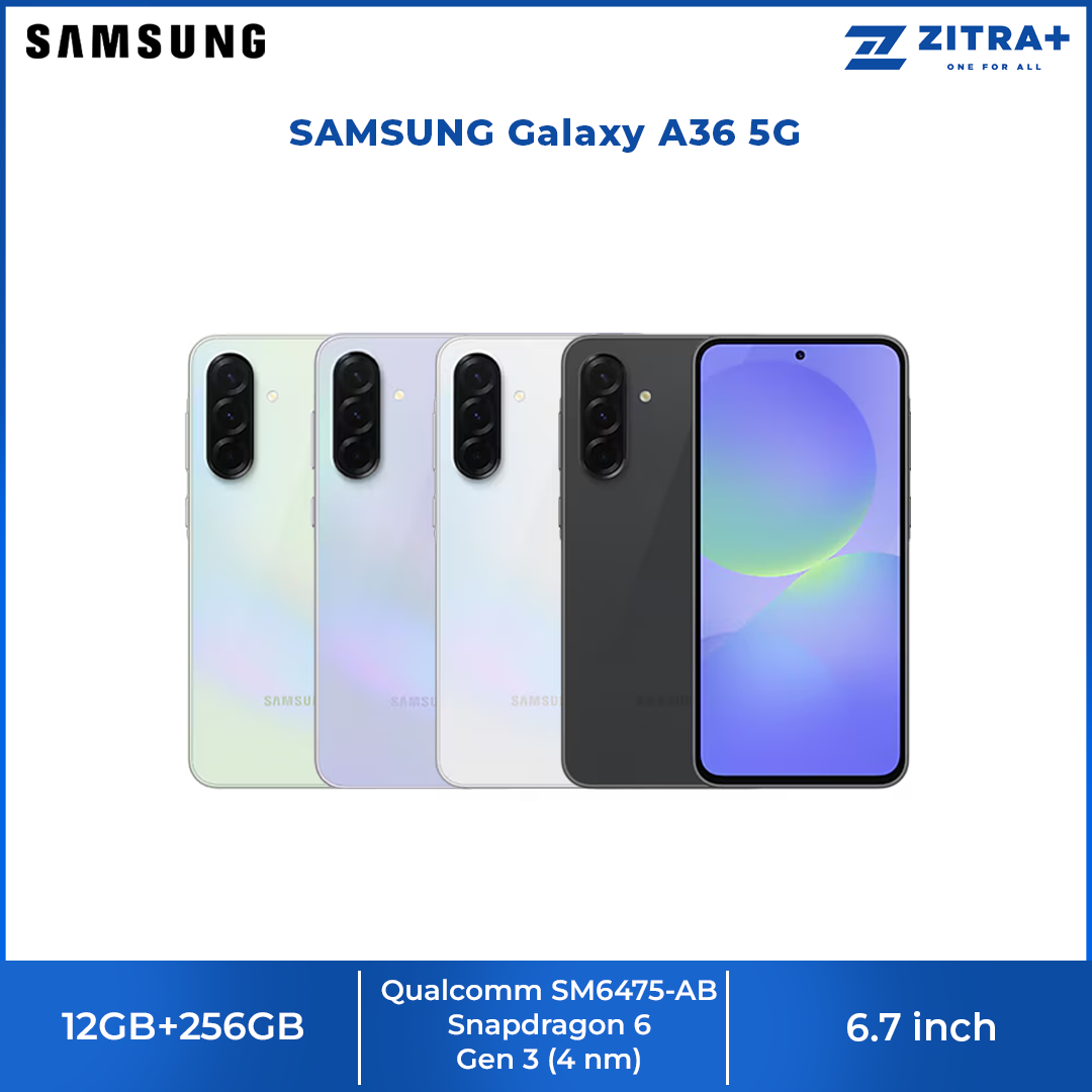 SAMSUNG Galaxy A36 5G 12GB+256GB | Qualcomm SM6475-AB Snapdragon 6 Gen 3 (4 nm) | 6.7 inches, Super AMOLED | 50MP Main Camera | Li-Po 5000 mAh