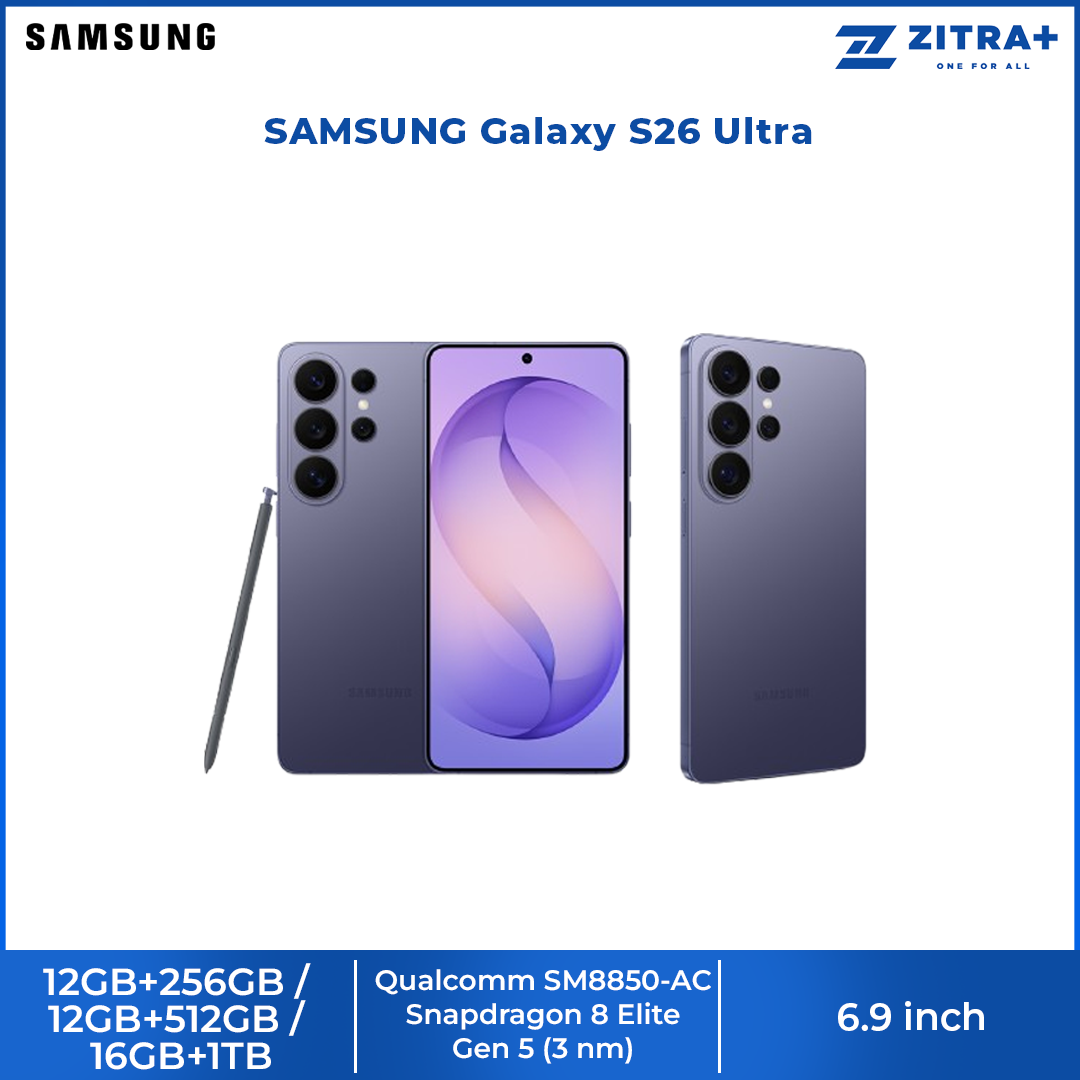 SAMSUNG Galaxy S26 Ultra 12GB+256GB/ 12GB+512GB/ 16GB+1TB | 6.9 inches | 200MP Rear Camera | Li-Ion 5000 mAh | Android 16, One UI 8.5 | Qualcomm SM8850-AC Snapdragon 8 Elite Gen 5 (3 nm)
