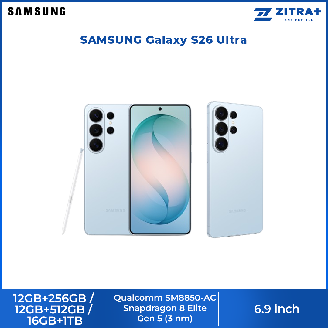 SAMSUNG Galaxy S26 Ultra 12GB+256GB/ 12GB+512GB/ 16GB+1TB | 6.9 inches | 200MP Rear Camera | Li-Ion 5000 mAh | Android 16, One UI 8.5 | Qualcomm SM8850-AC Snapdragon 8 Elite Gen 5 (3 nm)