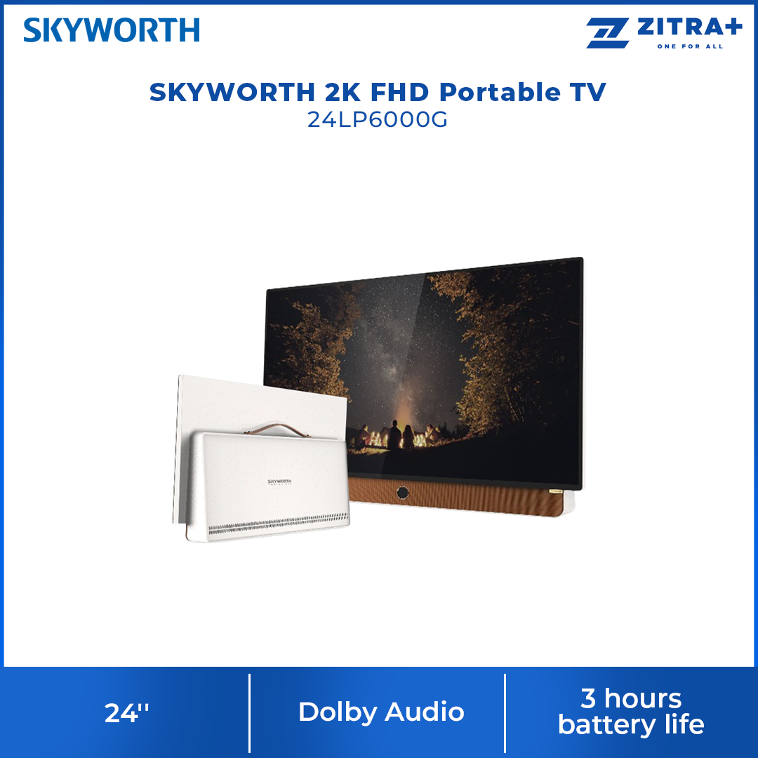 SKYWORTH 24'' 2K FHD Portable TV 24LP6000G | Slim Design, Leather Carry Handle, Super Light Weight | 3 hours battery life