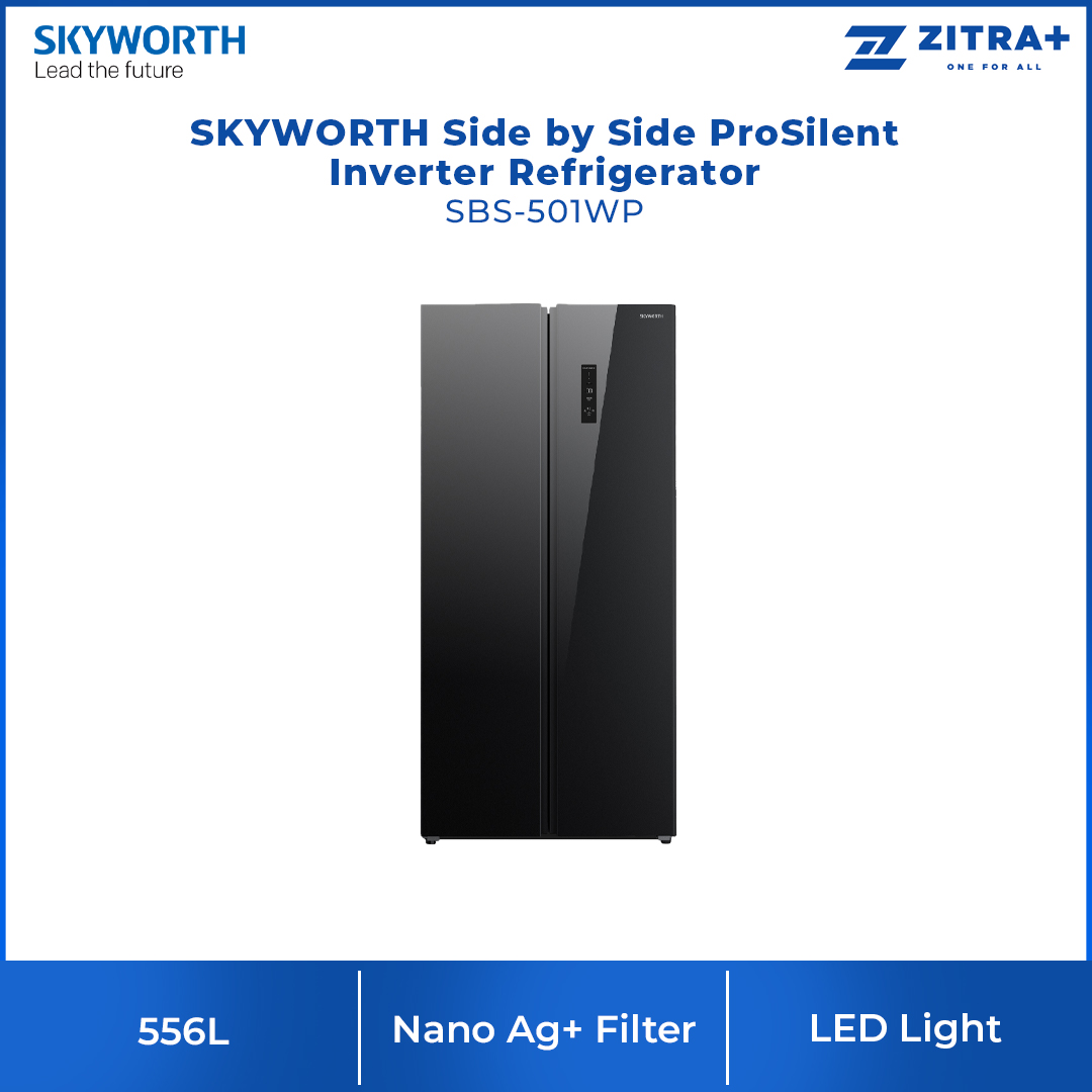 SKYWORTH 556L Side by Side ProSilent Inverter Refrigerator SBS-501WP / SBS-501WPGE | Multi Flow | Nano Ag+ Filter