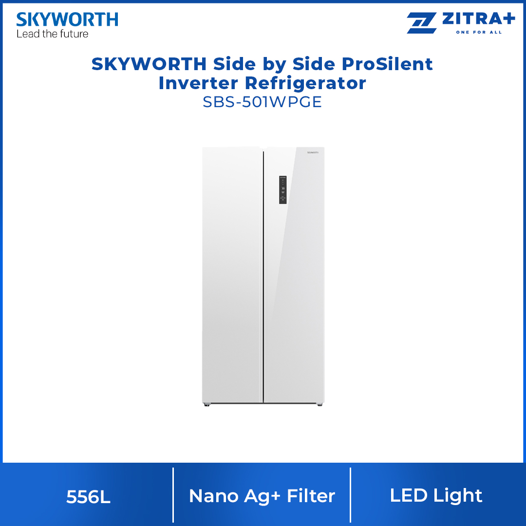 SKYWORTH 556L Side by Side ProSilent Inverter Refrigerator SBS-501WP / SBS-501WPGE | Multi Flow | Nano Ag+ Filter