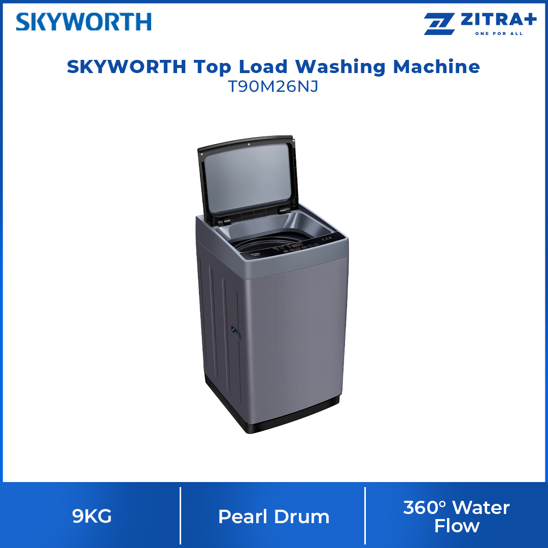 SKYWORTH 9KG Top Load Washing Machine T90M26NJ | Pearl Drum | 360° Water Flow | Wool Care | Vortex Pulsator