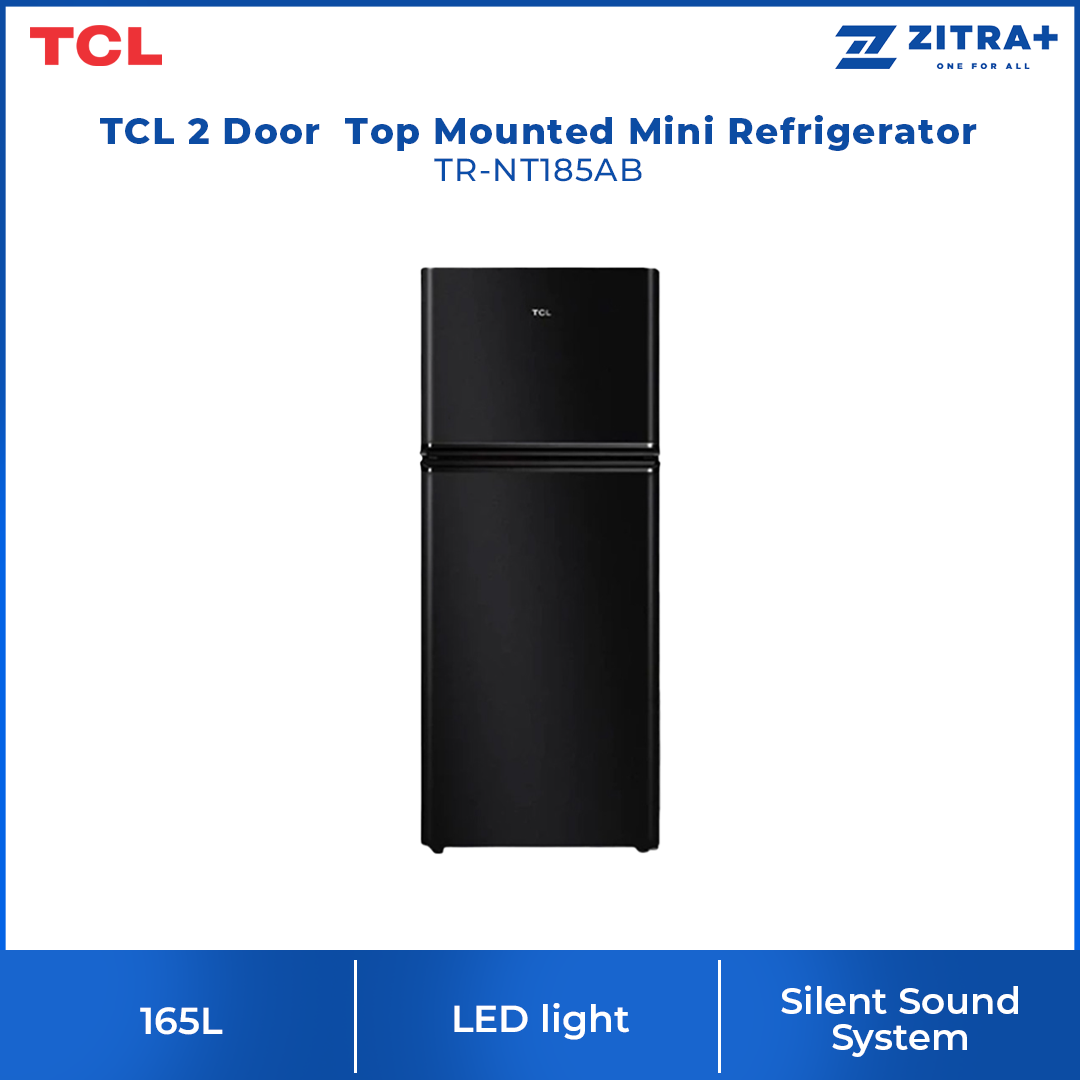 TCL 165L 2 Door Top Mounted Mini Refrigerator TR-NT185AB | Defrost | LED light | Adjustable Glass Shelf | Uniform Cooling