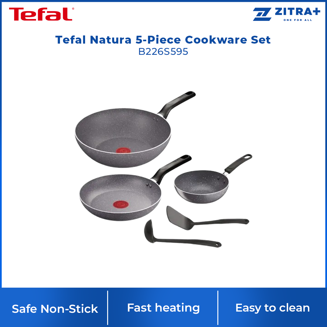 Tefal Natura 5-Piece Cookware Set B226S595 | Perfect Searing Thermo-Signal | Naturally Resistant Mineralia Coating | Safe Non-Stick
