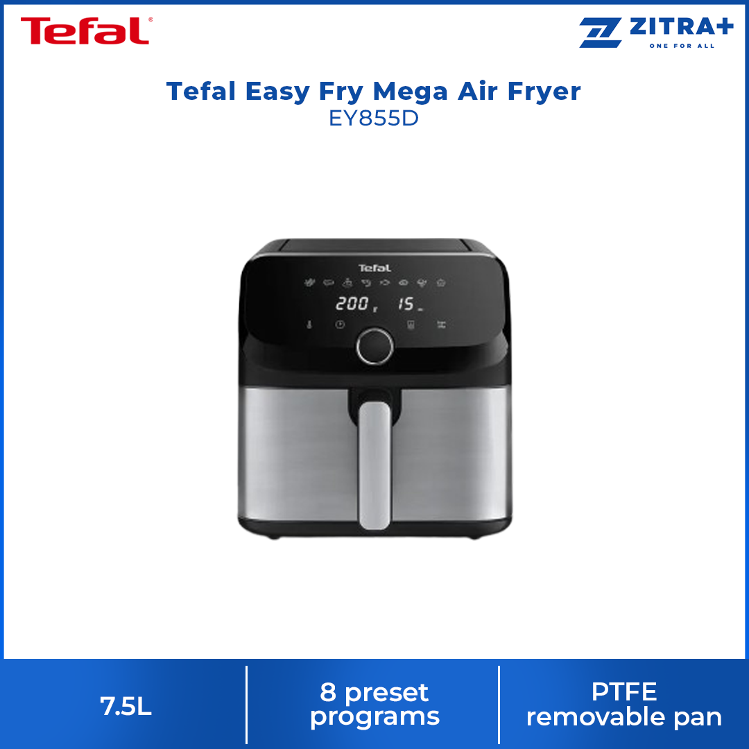 Tefal 7.5L Easy Fry Mega Air Fryer EY855D | 8 preset programs | Up to 65% less energy | Extra-large capacity | PTFE removable pan