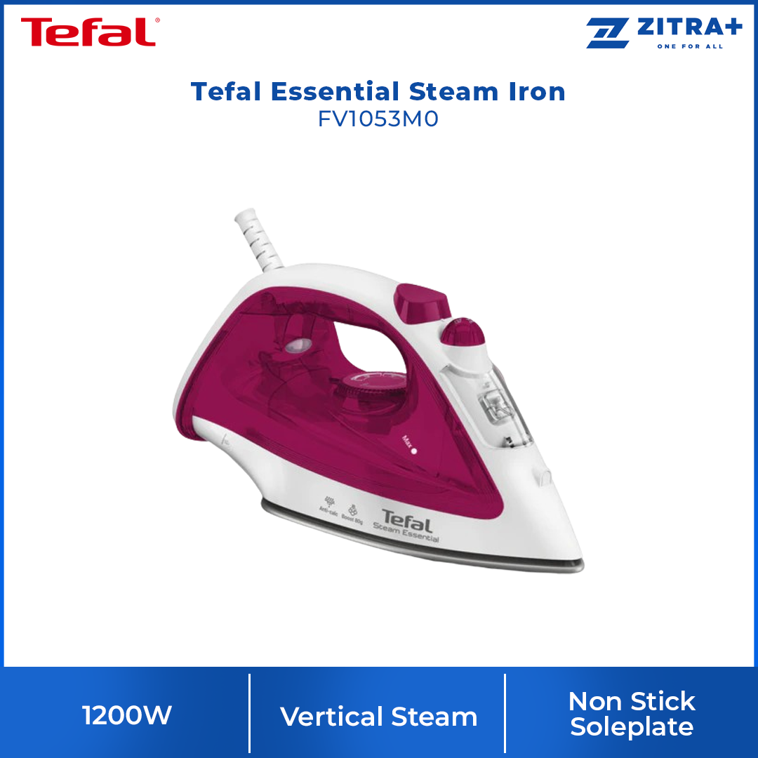 Tefal 1200W Essential Steam Iron FV1053M0 |  Continuous Steam Output : 15 Gram/Min | Steam boost : 80 Gram/Min | Vertical Steam : Yes | Spray : Yes