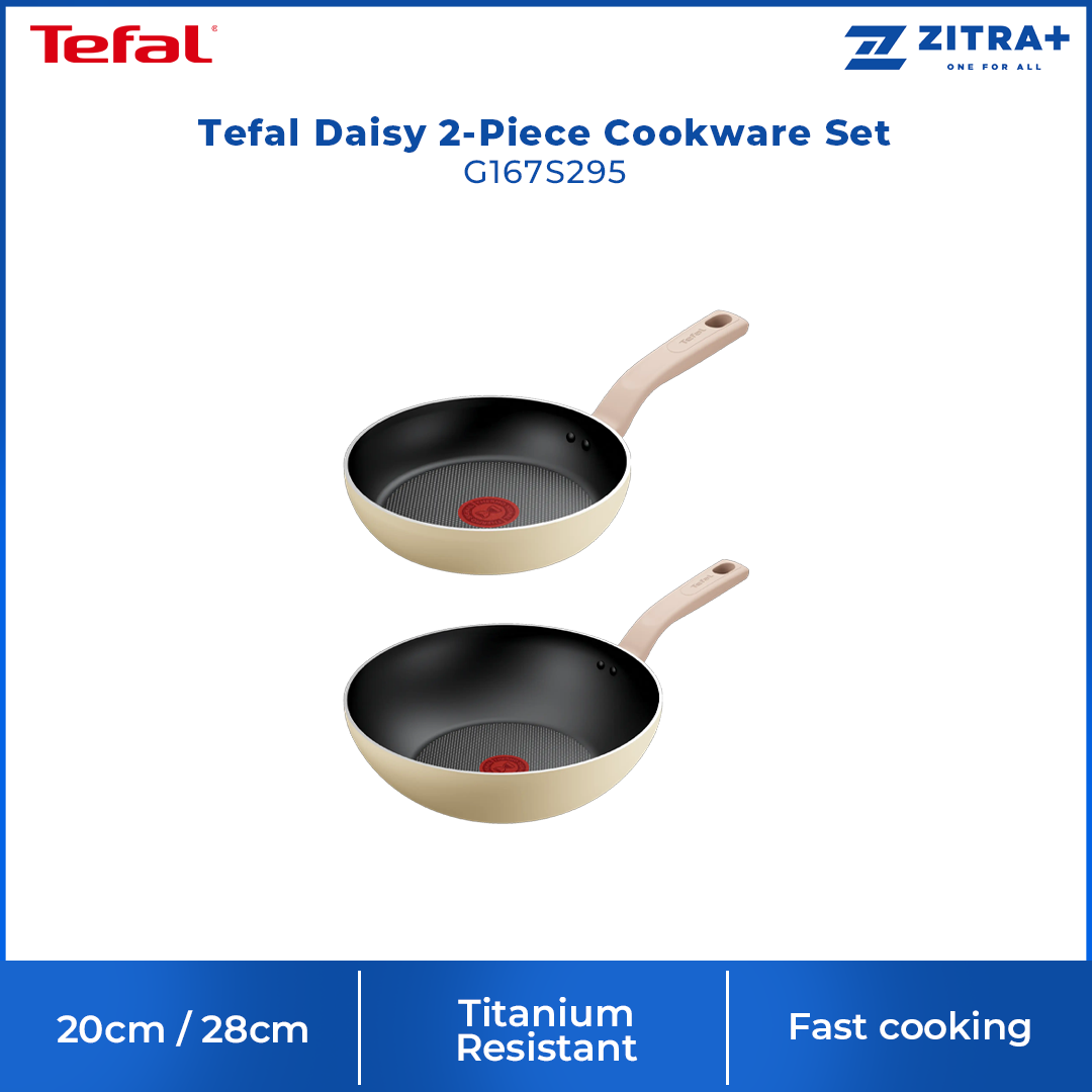[2-Piece Set] Tefal 20cm/28cm wok frypan Daisy 2-Piece Cookware Set G167S295 | Perfect Searing Thermo-Signal | Titanium Resistant Non Stick Coating | Safe Non-Stick