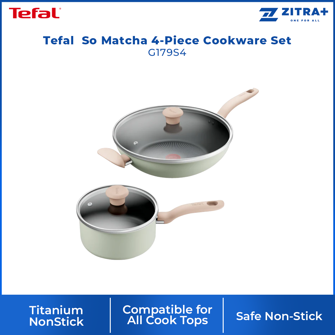 Tefal So Matcha Non-Stick Cookware Set 4-Piece Set with Lids G179S495 G179S4 | Perfect Searing Thermo-Signal | Titanium NonStick