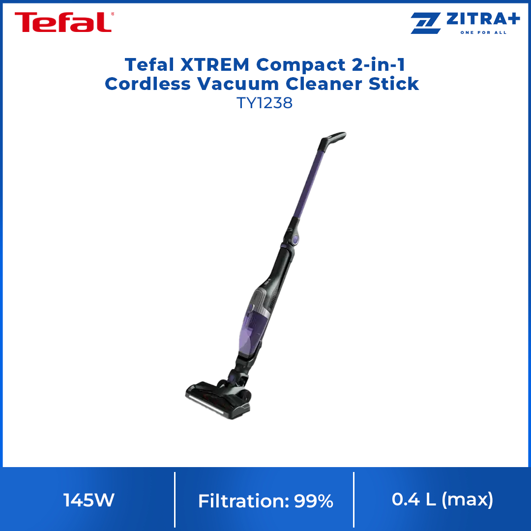 Tefal 145W XTREM Compact 2-in-1 Cordless Vacuum Cleaner Stick TY1238 | Bi-directional Flex Technology | 0.4 L (max)