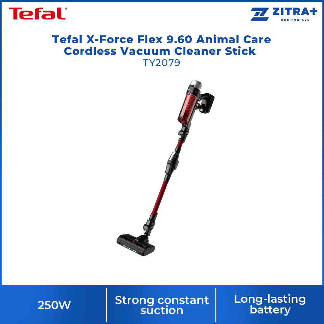 Tefal 250W X-Force Flex 9.60 Animal Care Cordless Vacuum Cleaner Stick TY2079 | Strong constant suction up to 100 Air Watts | Smart Control Display 