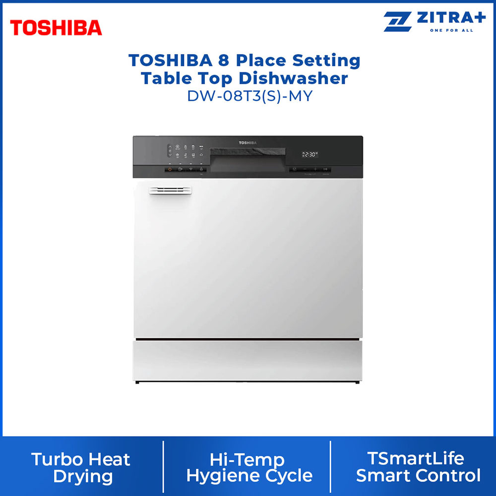 TOSHIBA 8 Place Setting Table Top Dishwasher DW-08T3(S)-MY | Turbo Heat Drying | Off-Peak Wash | Hi-Temp Hygiene Cycle | Soil-Sensing Auto Cycle | Dishwasher with 1 Year