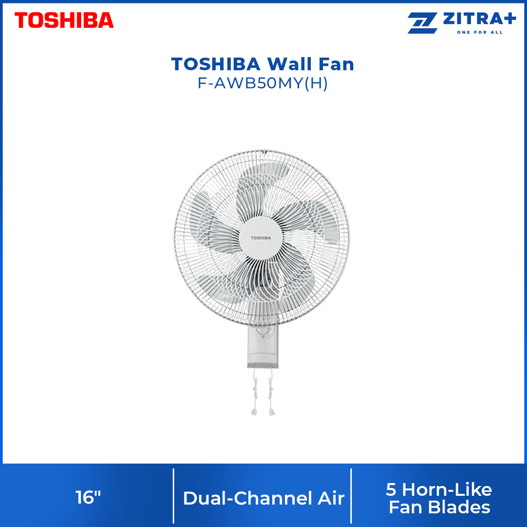 TOSHIBA 16" Wall Fan F-AWB50MY| Dual-Channel Air | 5 Horn-Like Fan Blades | Ball Bearing Motor