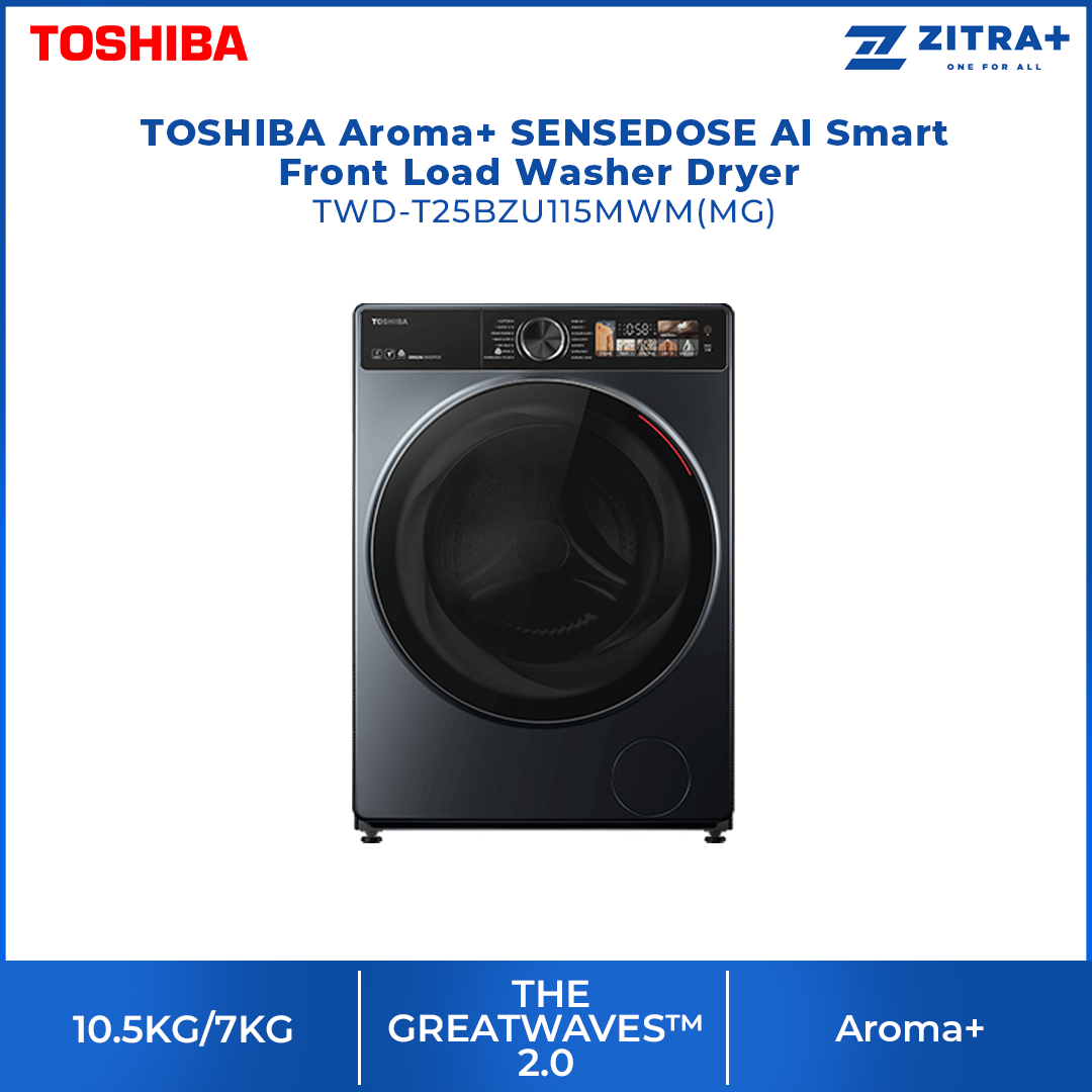 TOSHIBA 10.5KG/7KG Aroma+ SENSEDOSE AI Smart Front Load Washer Dryer TWD-T25BZU115MWM(MG) | THE GREATWAVES™ | Aroma+