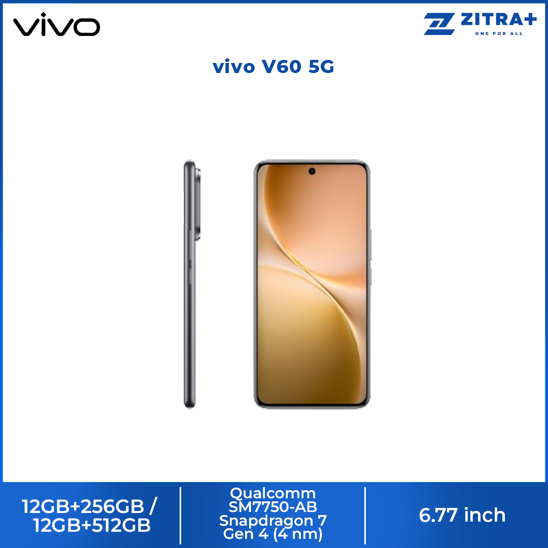 vivo V60 5G | Rear Camera 50MP | Qualcomm SM7750-AB Snapdragon 7 Gen 4 (4 nm) | 6.77 inches, AMOLED | Li-Po 6500 mAh,