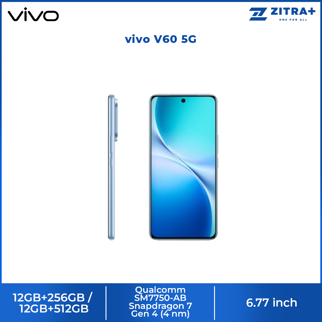vivo V60 5G | Rear Camera 50MP | Qualcomm SM7750-AB Snapdragon 7 Gen 4 (4 nm) | 6.77 inches, AMOLED | Li-Po 6500 mAh,
