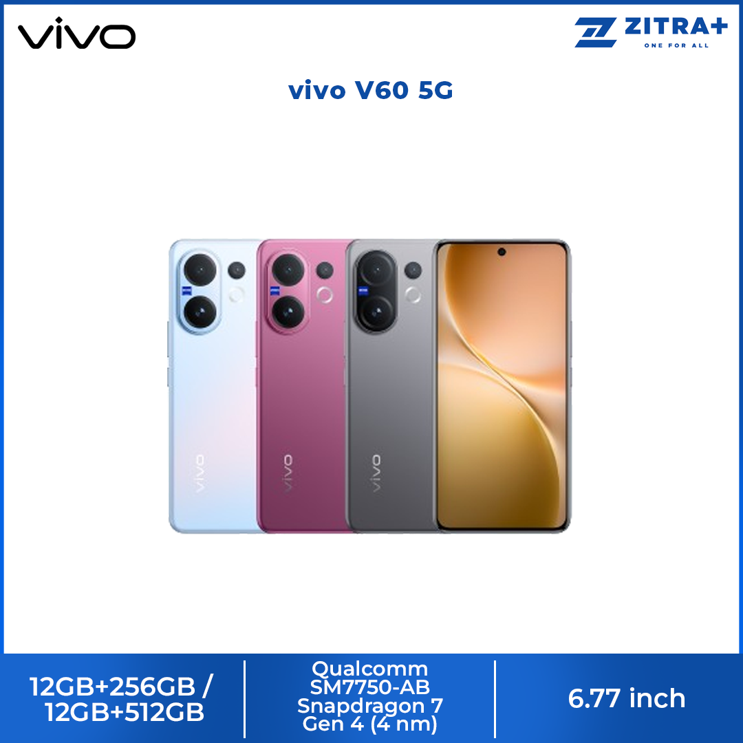 vivo V60 5G | Rear Camera 50MP | Qualcomm SM7750-AB Snapdragon 7 Gen 4 (4 nm) | 6.77 inches, AMOLED | Li-Po 6500 mAh,
