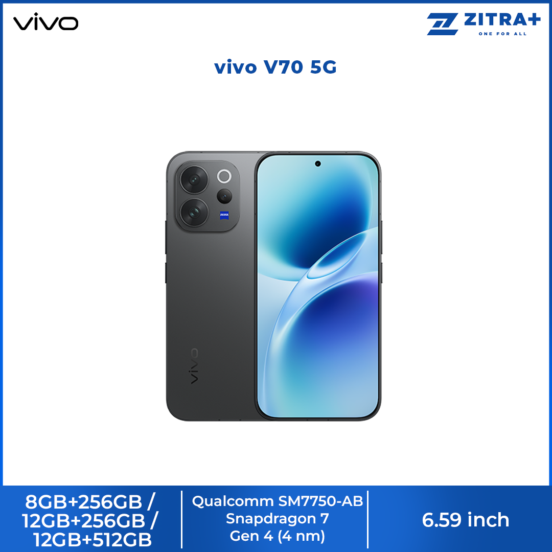 vivo V70 5G 8GB+256GB/ 12GB+256GB/ 12GB+512GB | 6.59 inches | 50MP Rear Camera | Qualcomm SM7750-AB Snapdragon 7 Gen 4 (4 nm) | Li-Po 6500 mAh
