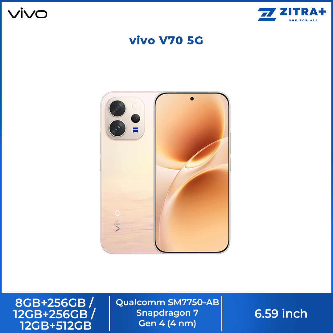 vivo V70 5G 8GB+256GB/ 12GB+256GB/ 12GB+512GB | 6.59 inches | 50MP Rear Camera | Qualcomm SM7750-AB Snapdragon 7 Gen 4 (4 nm) | Li-Po 6500 mAh