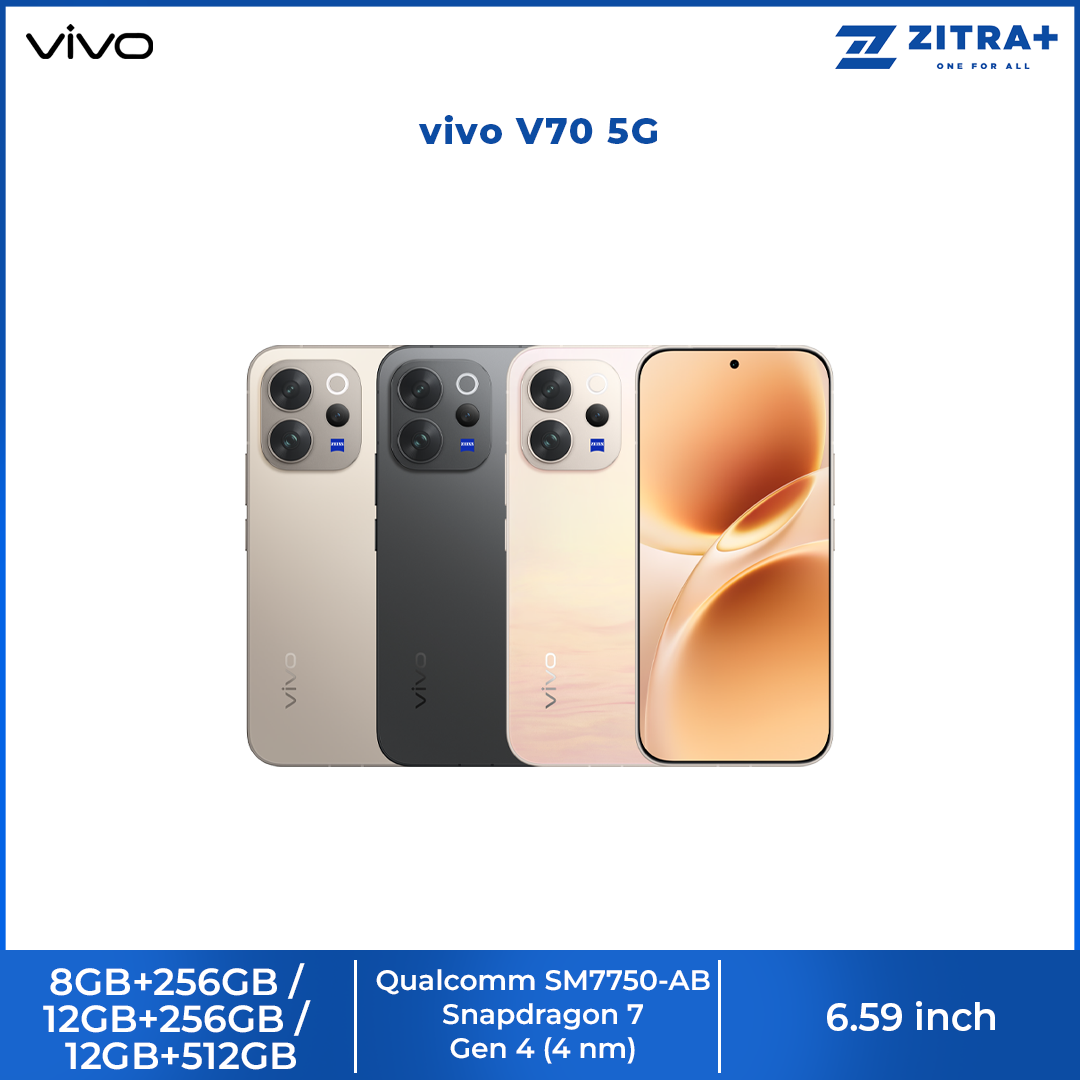 vivo V70 5G 8GB+256GB/ 12GB+256GB/ 12GB+512GB | 6.59 inches | 50MP Rear Camera | Qualcomm SM7750-AB Snapdragon 7 Gen 4 (4 nm) | Li-Po 6500 mAh