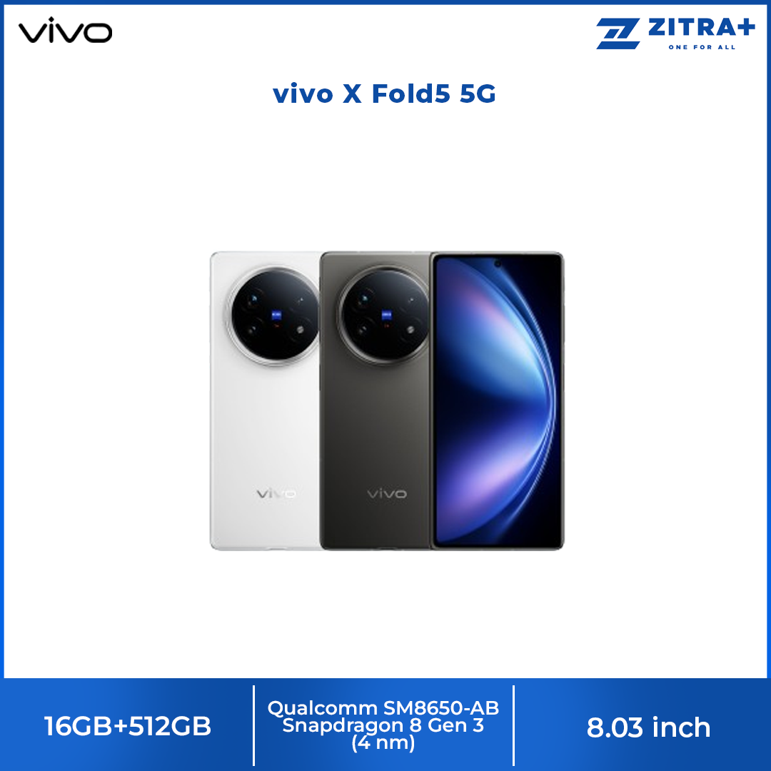 vivo X Fold5 5G | 6000mAh BlueVolt Battery | 80W Dual-Cell FlashCharge | 8.03" 2k ZEISS Master Colour Display | AI Multitasking | 50MP ZEISS Telephoto Camera