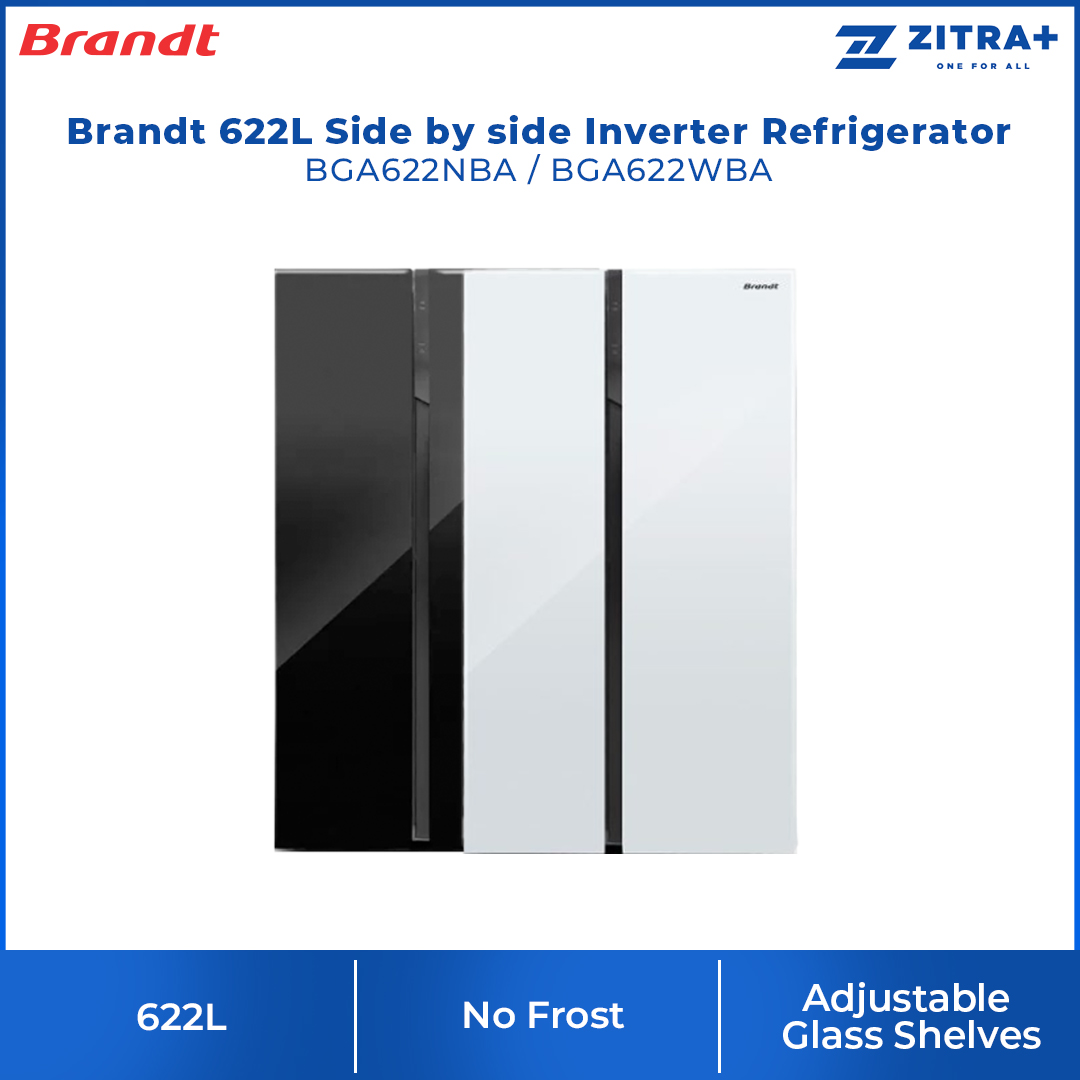 Brandt 622L Side by side Inverter Refrigerator BGA622NBA | Adjustsble Glass Shelves | Door Alarm | Forced - Air | Refrigerator witn 1 Year Warranty