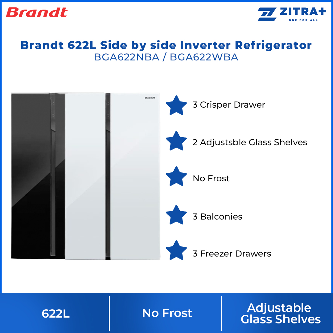 Brandt 622L Side by side Inverter Refrigerator BGA622NBA | Adjustsble Glass Shelves | Door Alarm | Forced - Air | Refrigerator witn 1 Year Warranty