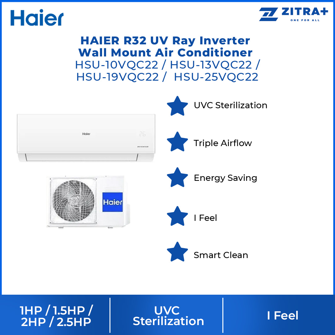 HAIER 1HP/1.5HP/2HP/2.5HP R32 UV Ray Inverter Wall Mount Air Conditioner HSU-10VQC22 |  UVC Sterilization | Triple Strong Airflow | Smart Clean | Energy Saving | I Feel | Air Conditioner with 3  Year Warranty