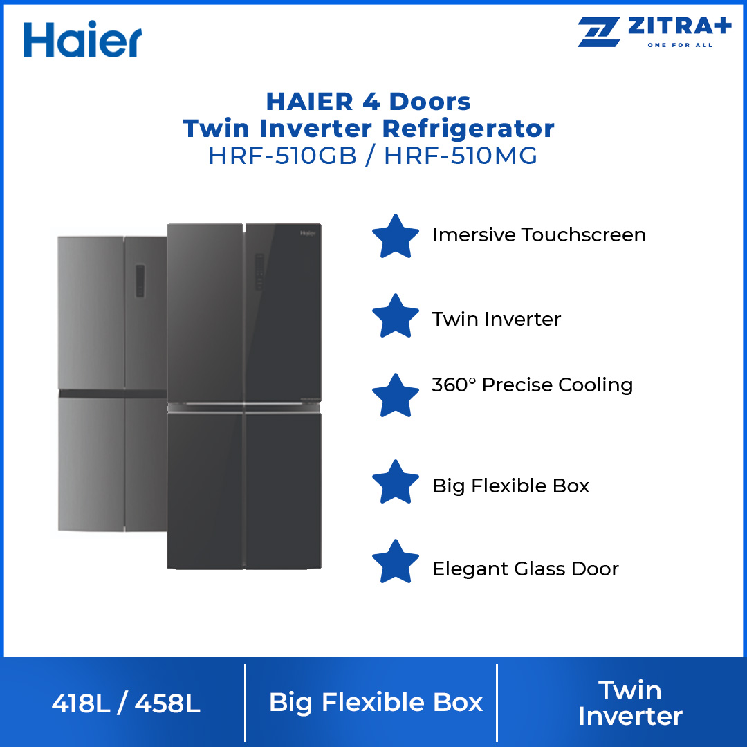 HAIER 510L 4 Doors Twin Inverter Refrigerator HRF-510GB/HRF-510MG | Immersive Touch Screen | Big Flexible Box | 360° Precise Cooling | LED Lighting | Save Energy | Eco Friendly Refrigerant | Refrigerators with 2 Year Warranty