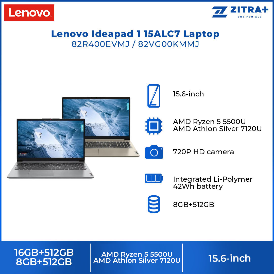 Lenovo Ideapad 1 15AMN7/15ALC7  Laptop 82VG00KMMJ/82R400EVMJ (AMD Ryzen 5 5500U/ 8GB+512GB / 15.6-inch / ) | 	AMD Radeon™ 610M Graphics | AMD SoC | Laptop with 2 Year Warranty