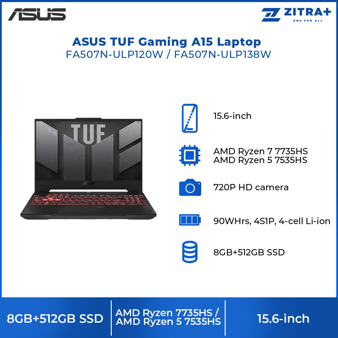ASUS TUF Gaming A15  Laptop FA507N-ULP120W/ FA507N-ULP138W | AMD Ryzen 7 7735HS | 8GB+512GB SSD | 15.6-inch FHD | Windows 11 | Laptop with 2 Years Warranty