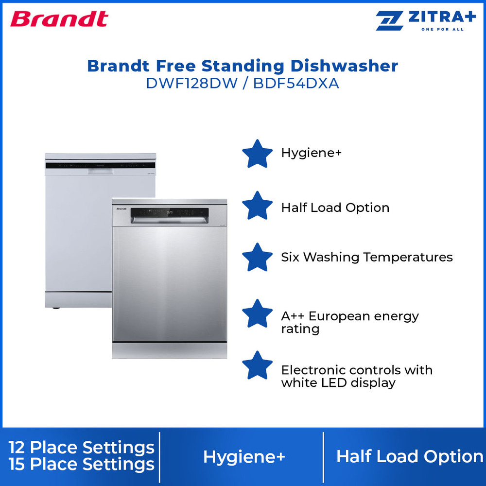 Brandt 12/15 Place Setting Free Standing Dishwasher DWF128DW/BDF54DXA | Hygiene+ | Extra Drying | Up to 24 hours | Dishwasher with 1 Year Warranty