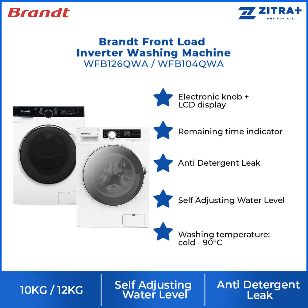 Brandt 10KG/12KG Front Load Inverter Washing Machine WFB104QWA/WFB126QWA | 14 Multi Programs | Anti Detergent Leak | Child Lock | Washing Machine with 1 Year Warranty