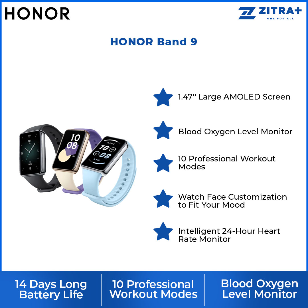 HONOR Band 9 | 1.47" Large AMOLED Screen |  Intelligent 24-Hour Heart Rate Monitor | 14 Days Long Battery Life | 10 Professional Workout Modes | Smart Band with 1 Year Warranty