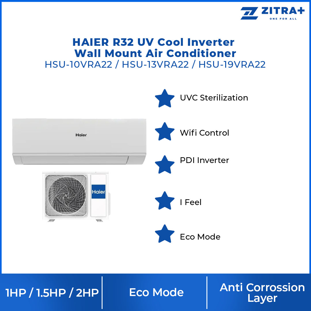 HAIER 1/1.5/2HP R32 UV Cool Inverter Wall Mount Air Conditioner HSU-10VRA22 / HSU-13VRA22 / HSU-19VRA22 | UVC Sterilization | WiFi Control | Smart Clean | Air Conditioner with 3 Year Warranty