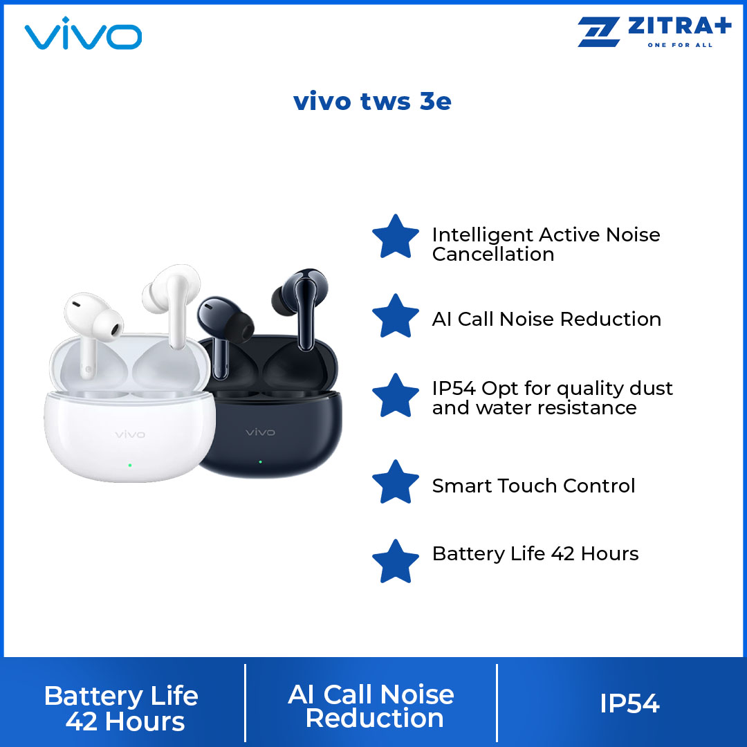 vivo TWS 3e | Fast Charging | Battery Life 42 Hours | AI Call Noise Reduction | Smart Touch Control | Dual Device Connection |  Water Resistance Earphone Protection | Earbuds with 1 Year Warranty