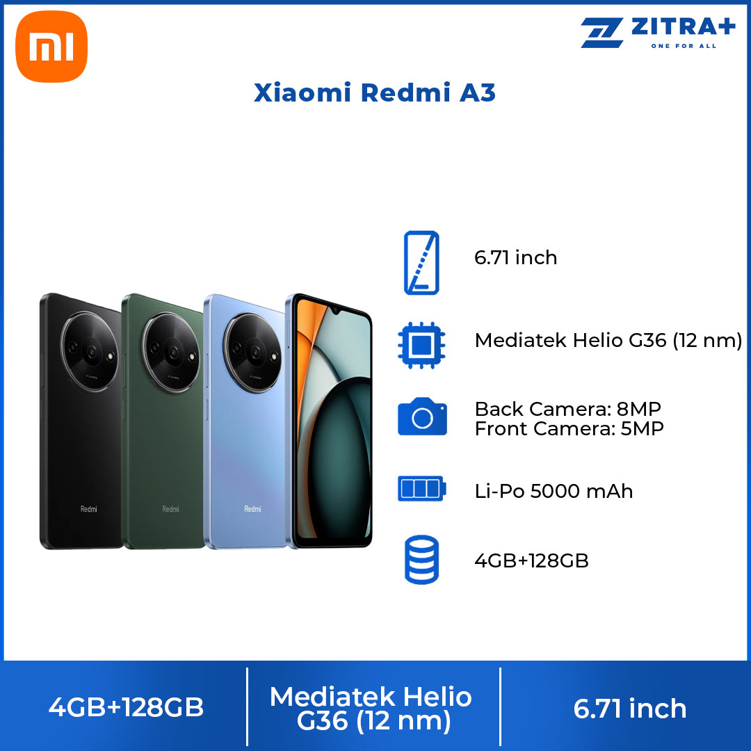 Xiaomi Redmi A3 4GB+128GB | 6.71 inch | Android 14 (Go edition) | Li-Po 5000 mAh, 10W Fast Charging | Dot Drop Display | Mediatek Helio G36 (12 nm) | Smartphones with 1 Year Warranty