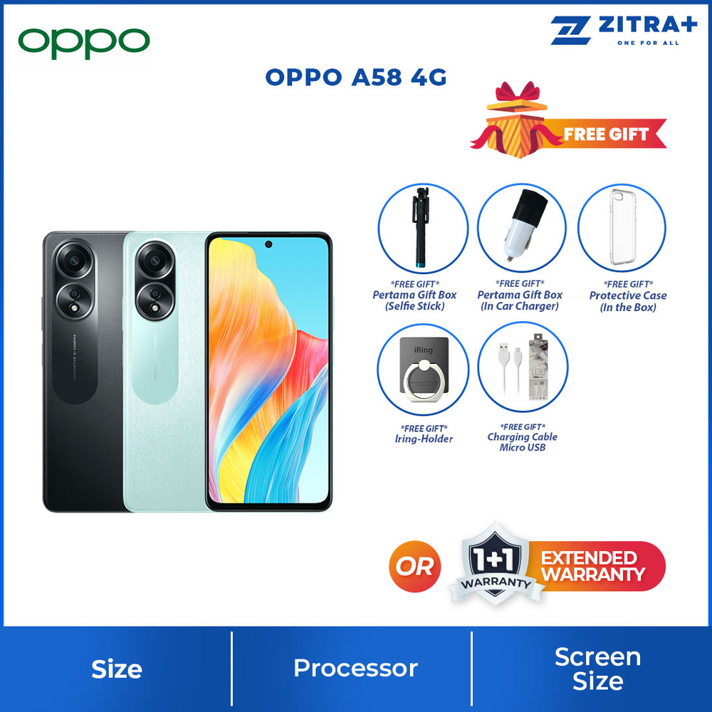 OPPO A58 4G 8GB+128GB | Li-Po 5000 mAh | 6.72 inches | IPS LCD |  MediaTek MT6769 Helio G85 (12nm) |  Android 13, upgradable to Android 14 | Smartphone with 1 Year Warranty