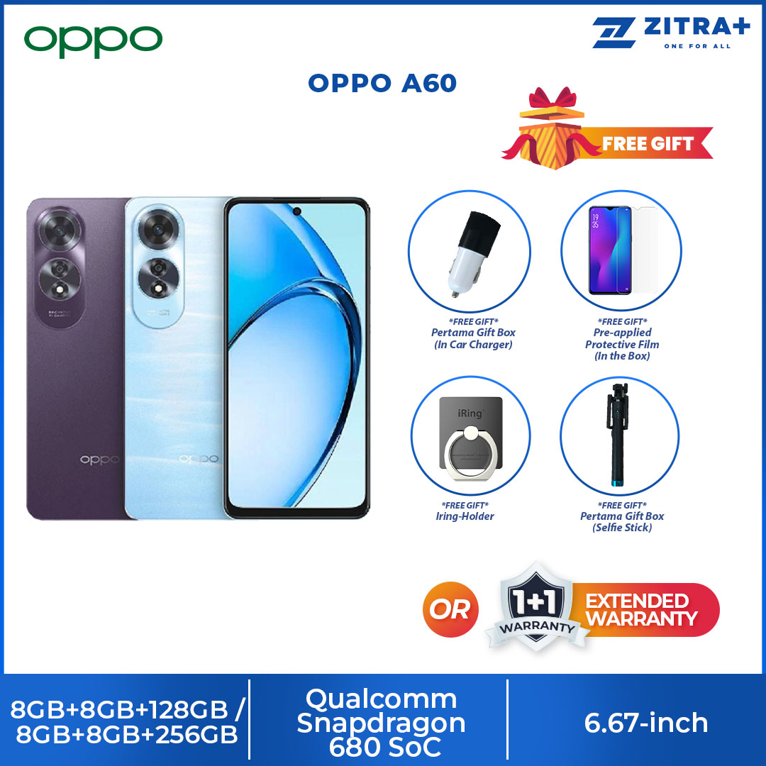 OPPO A60 (8GB+8GB+128GB / 8GB+8GB+256GB) | 5000mAh | 45W wired | 6.67-inch | 90Hz, LCD | Qualcomm Snapdragon 680 SoC | Smartphones with 1 Year Warranty