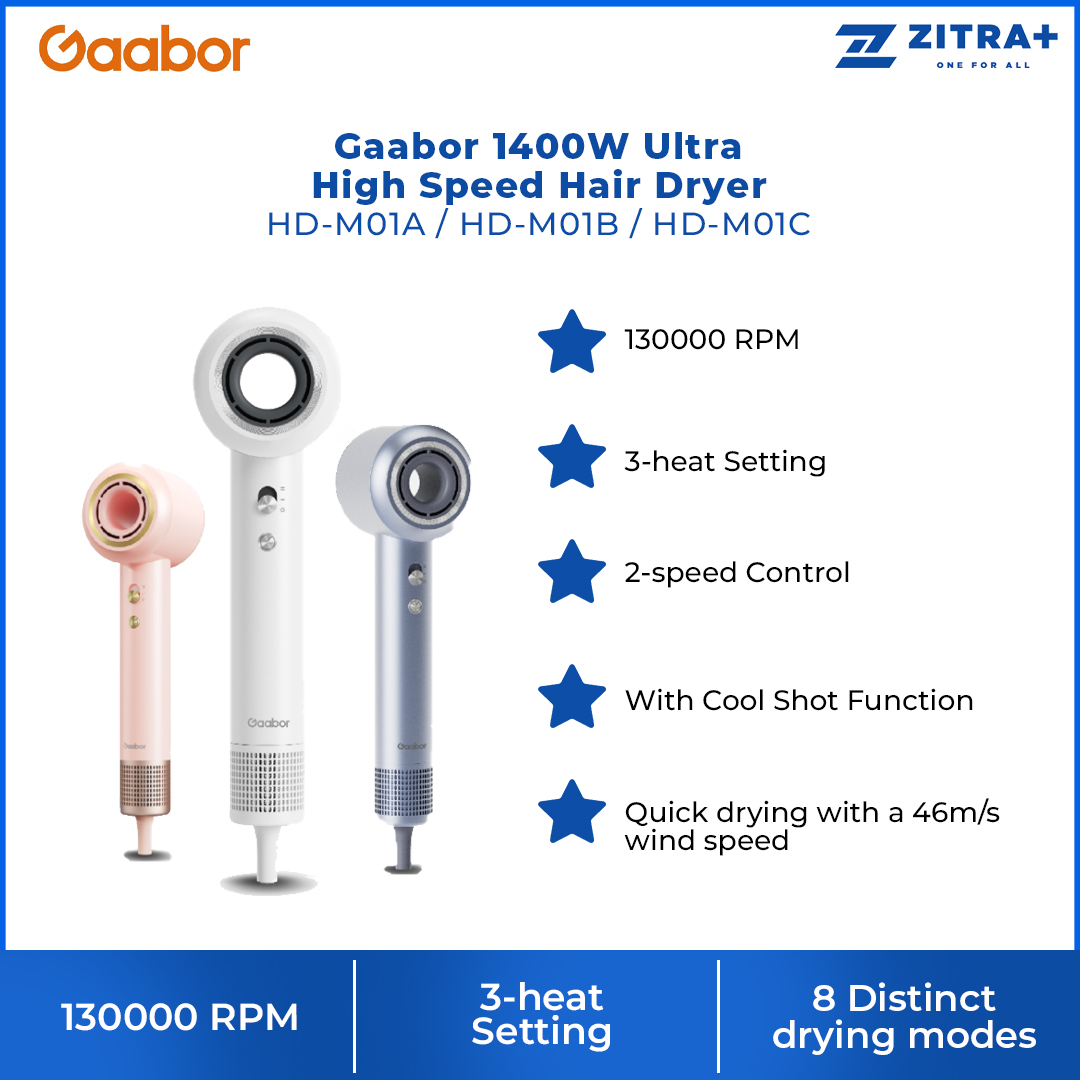 Gaabor 1400W Ultra High Speed Hair Dryer HD-M01A / HD-M01B / HD-M01C |  3-Heat Setting | With Cool Shot Function | 2-speed Control | 1  Year General Warranty