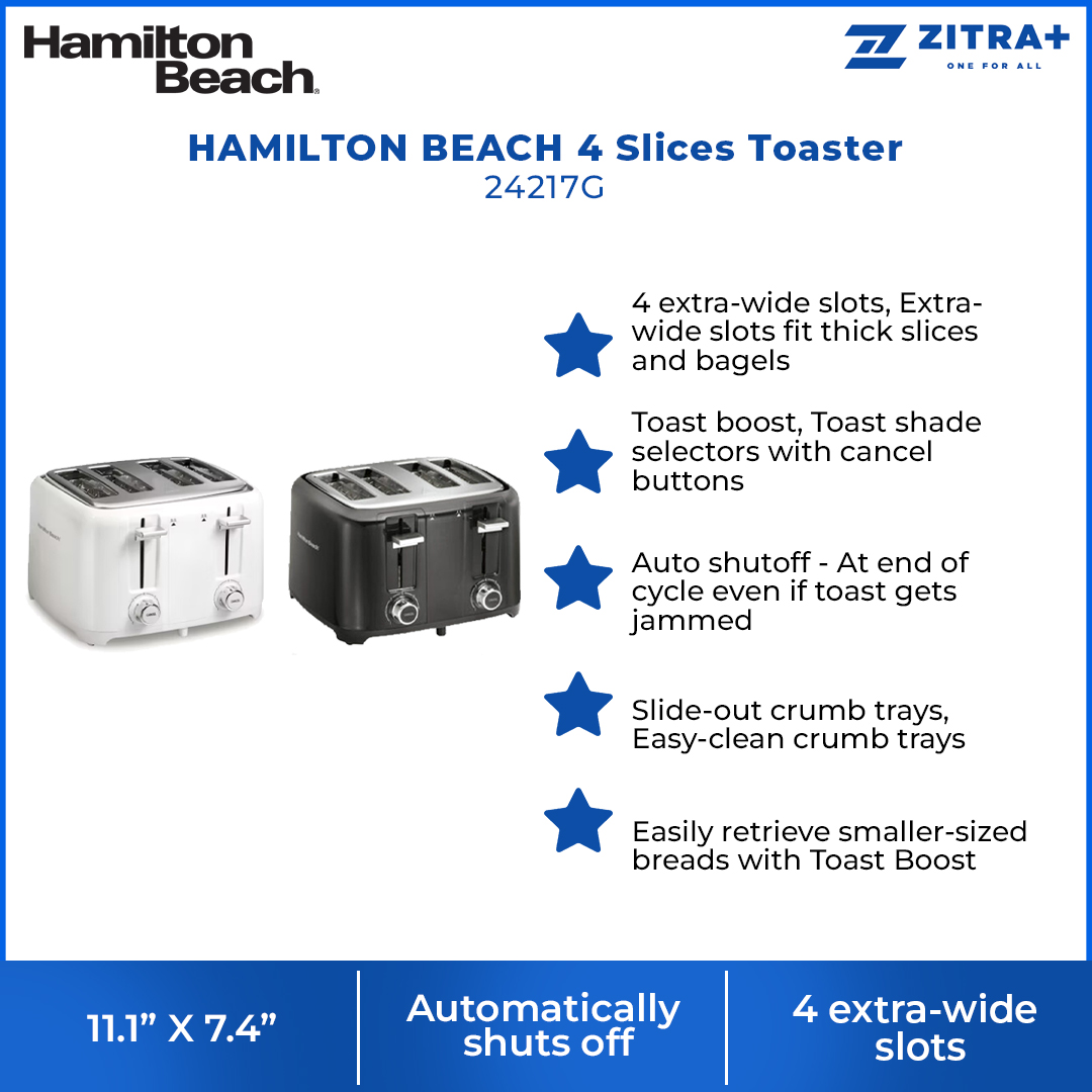 HAMILTON BEACH 4 Slices Toaster 24217G | 4 extra-wide slots | Auto shutoff | Easy-clean crumb trays | 2  Year General Warranty