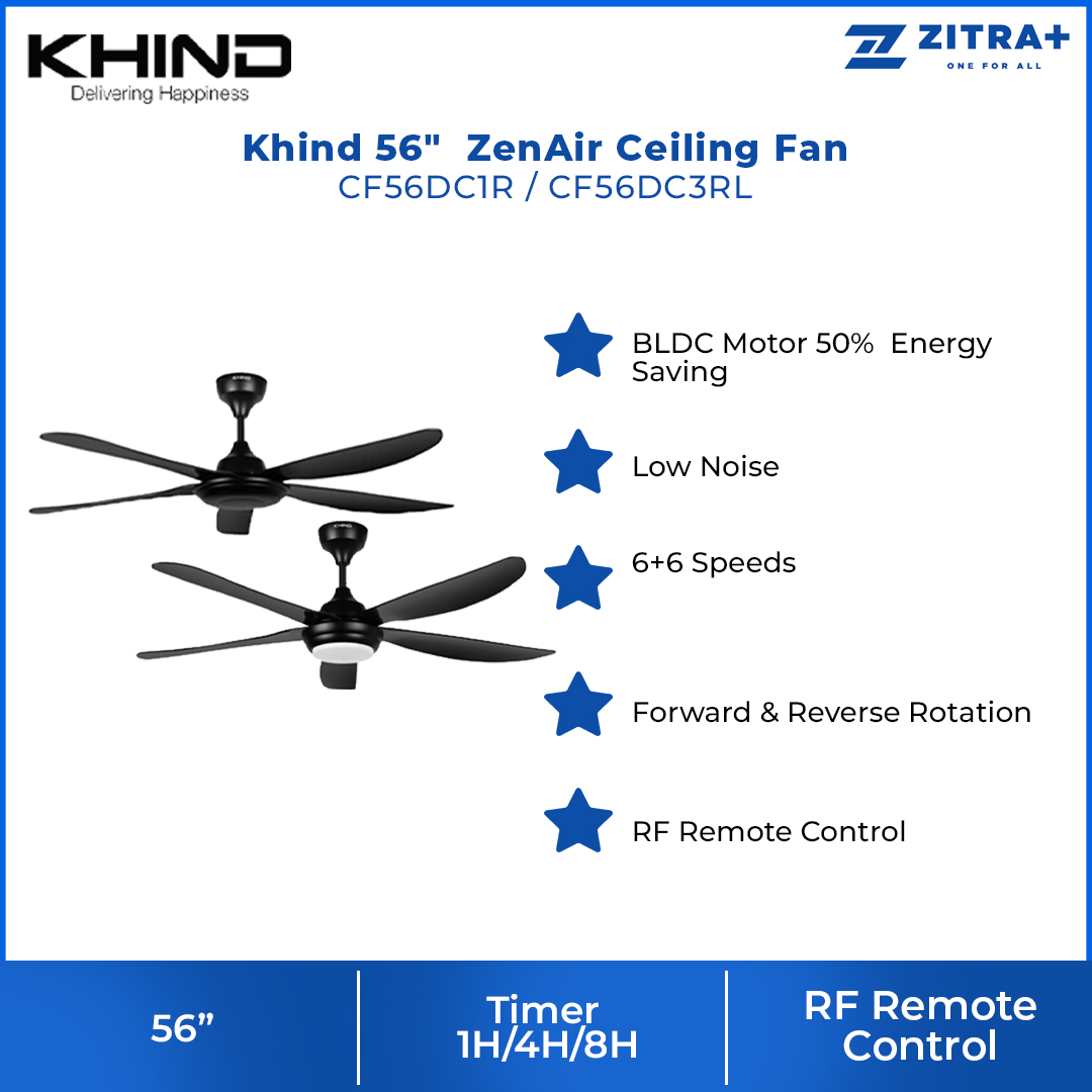 Khind 56" ZenAir Ceiling Fan CF56DC1R  / CF56DC3RL | Low Noise | 6+6 Speeds | Natural Wind | 1  Year General Warranty   5 Year Motor Warranty